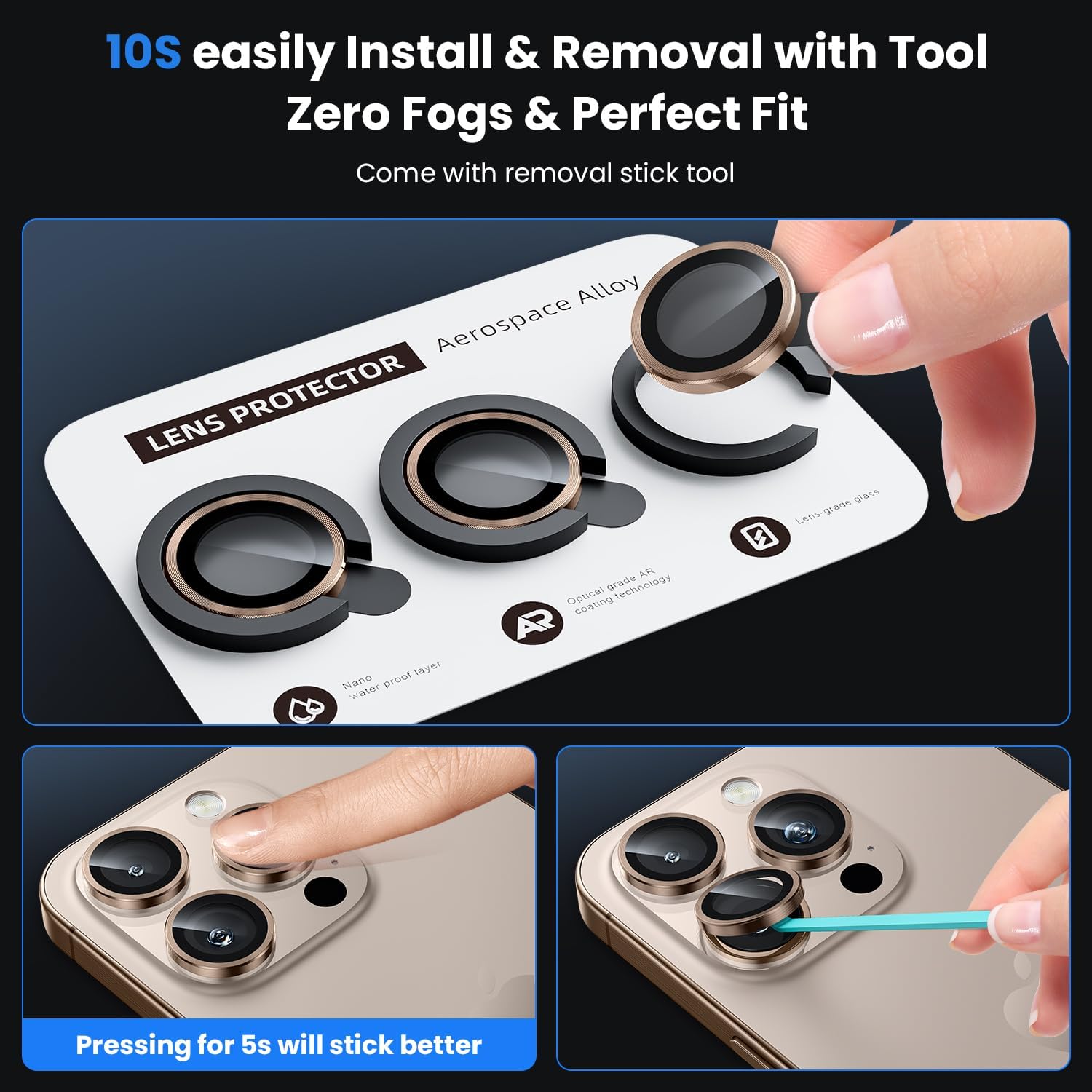Ultra Strong Tempered Glass Camera Lens Protector Rings - Gold