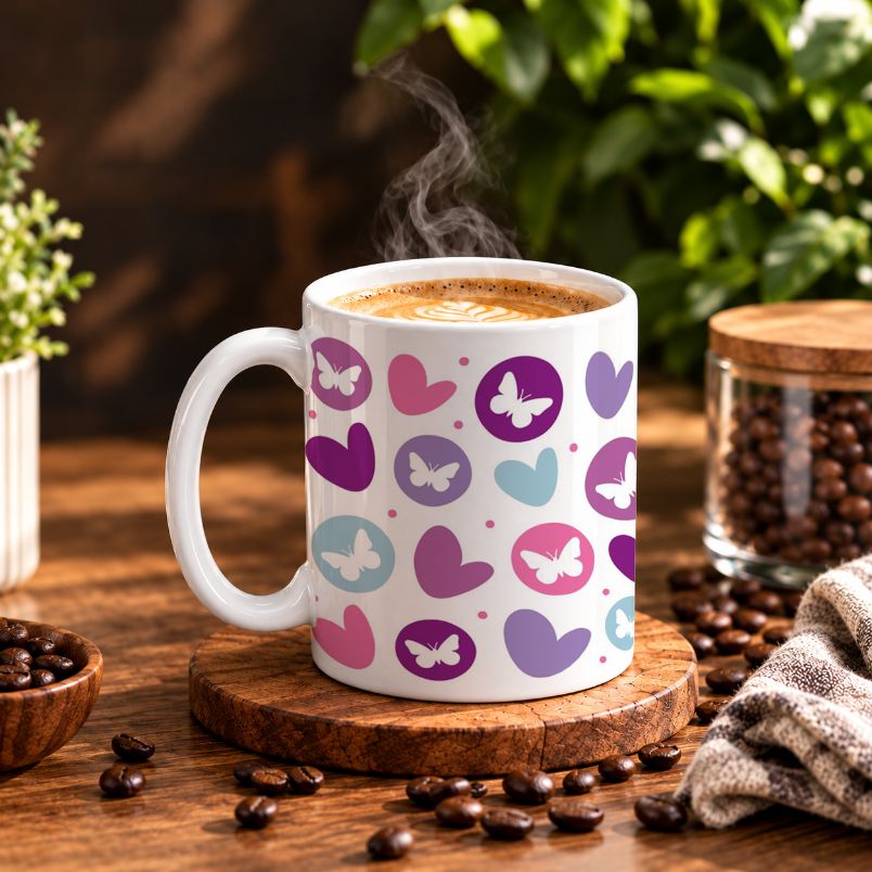 Sweet Butterfly and Heart Motif Coffee Mug