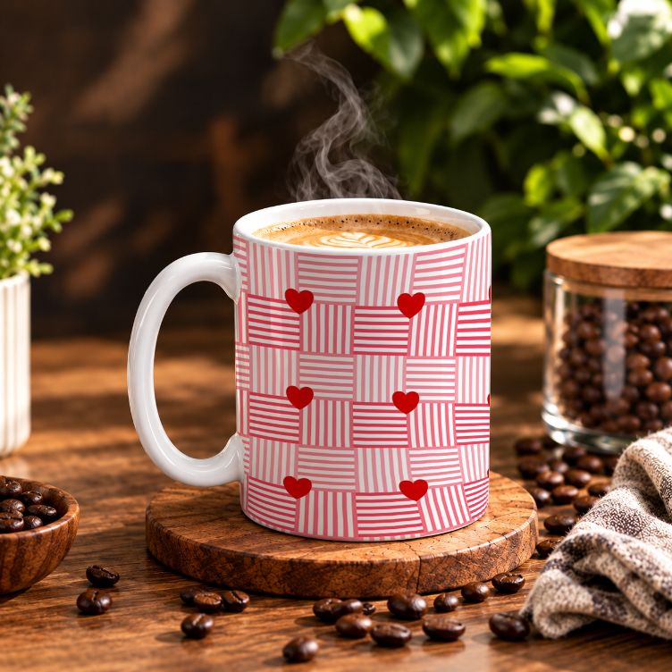Preppy Pink Grid with Hearts Coffee Mug