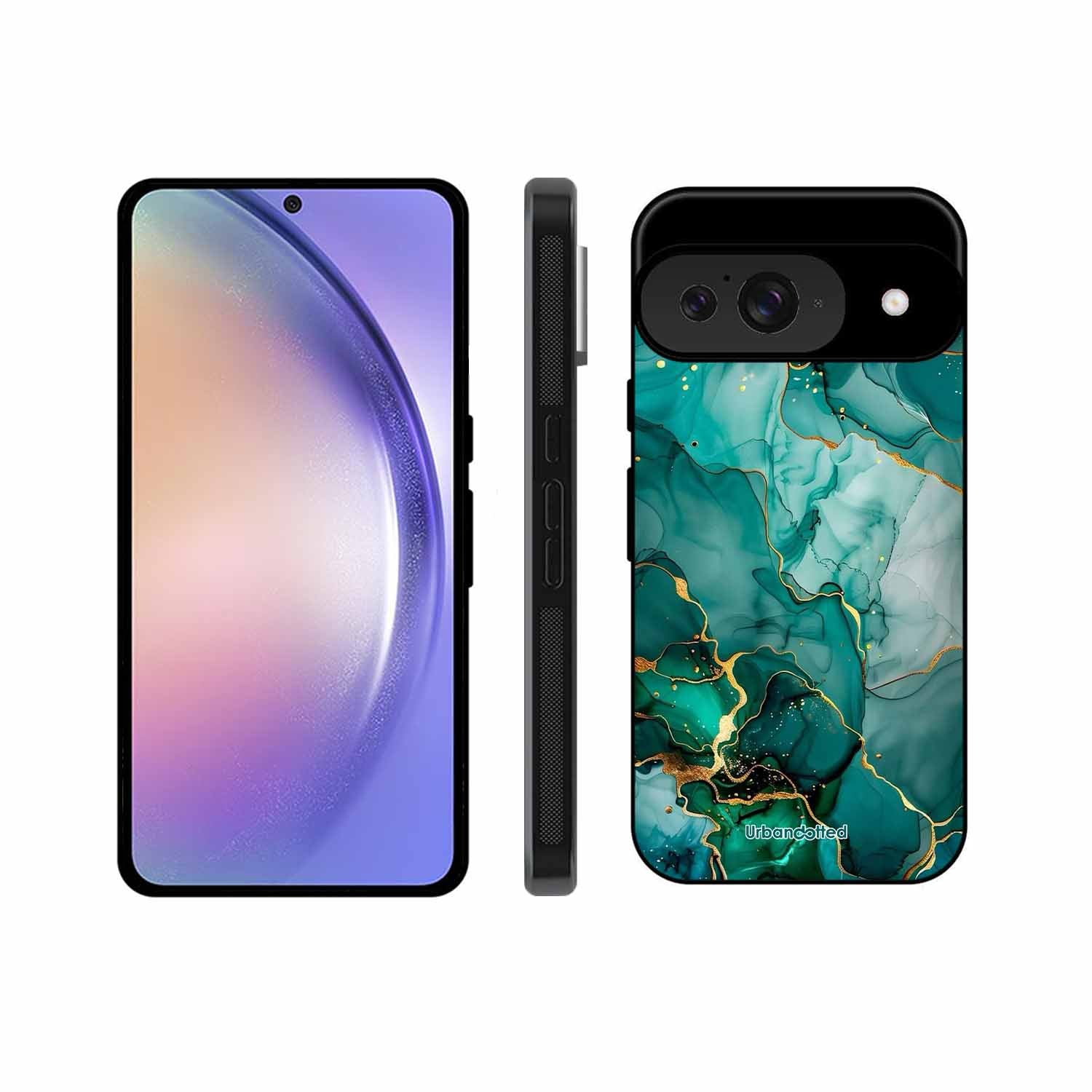 Emerald Green Gold Marble Glass Case For Google Pixel 9