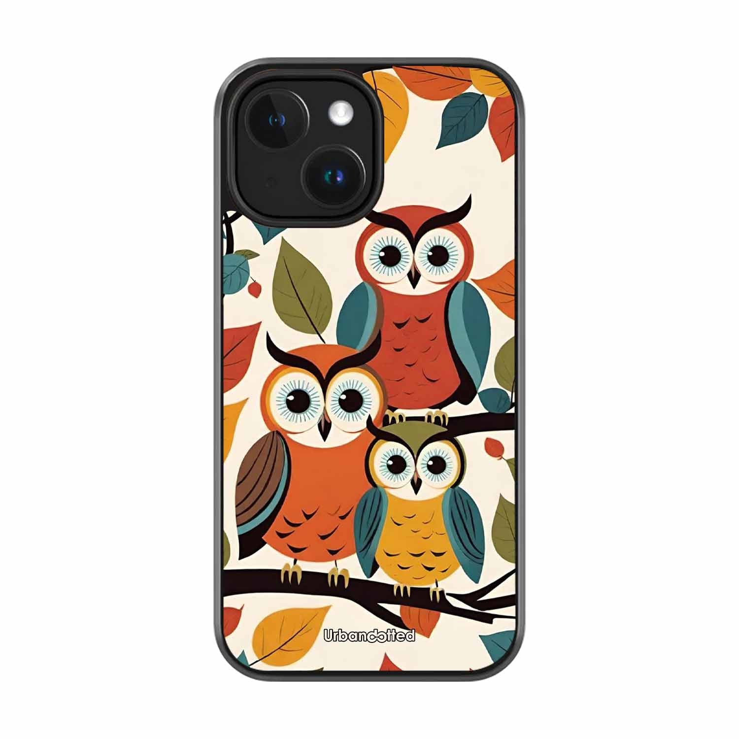 Retro Owl Family Glass Case For iPhone 14 Plus