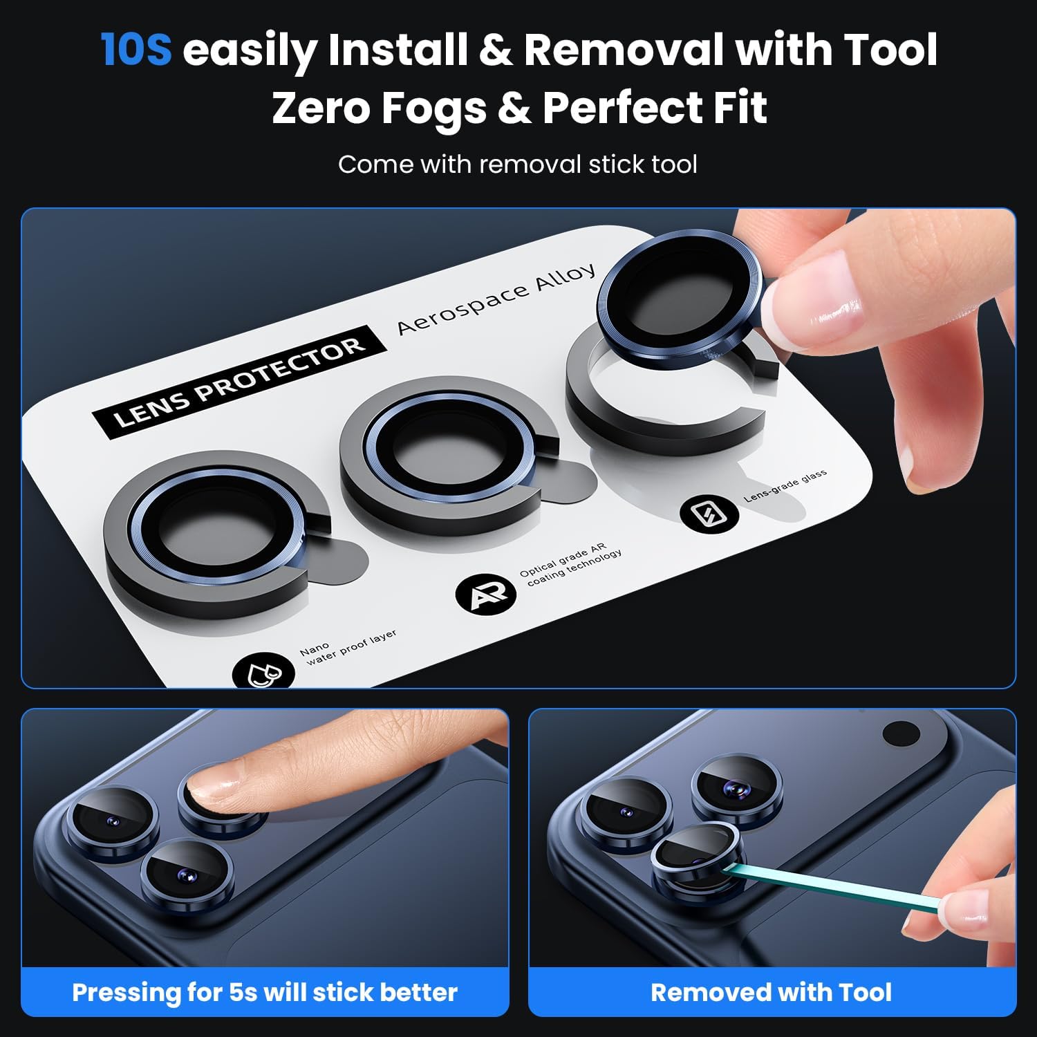 Ultra Strong Tempered Glass Camera Lens Protector Rings - Blue
