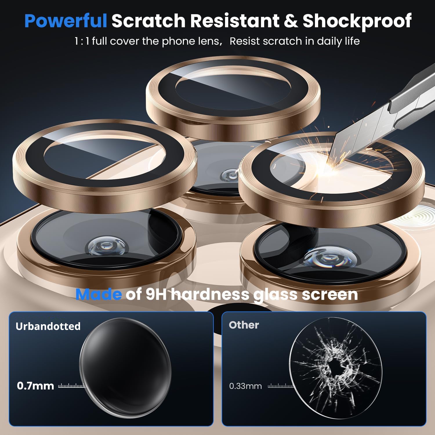 Ultra Strong Tempered Glass Camera Lens Protector Rings - Gold