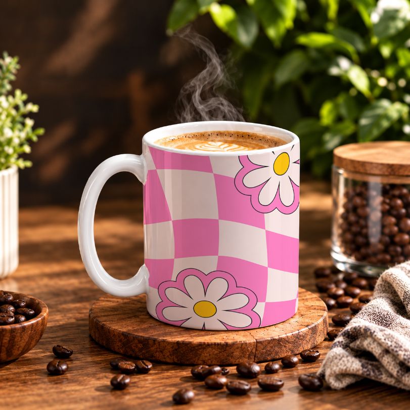 Checkerboard and Retro Daisies Coffee Mug