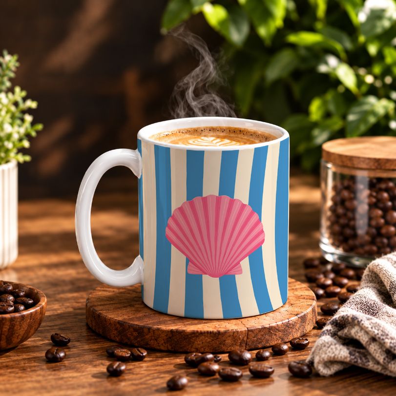 Preppy Pink Shell and Stripes Coffee Mug