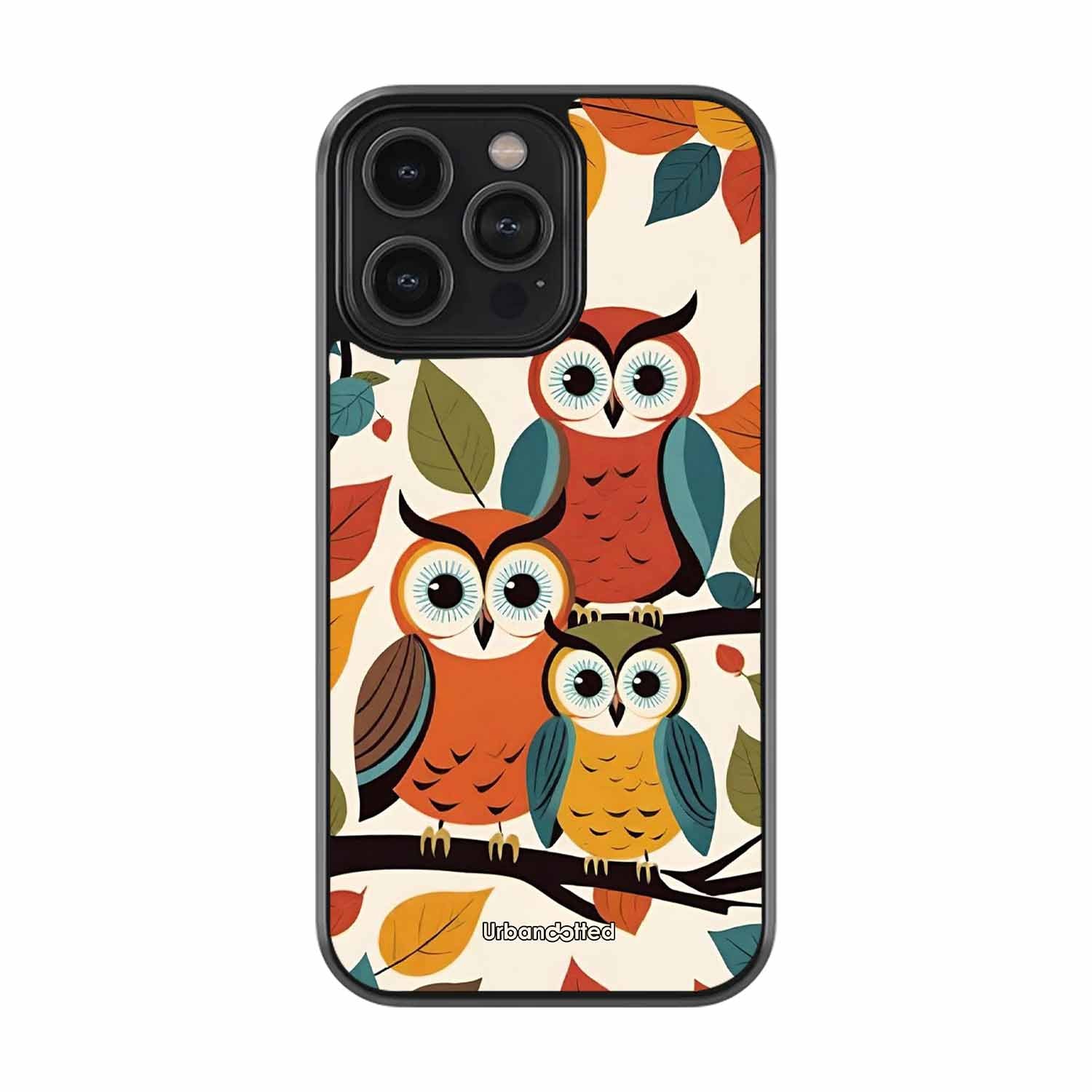 Retro Owl Family Glass Case For iPhone 16 Pro