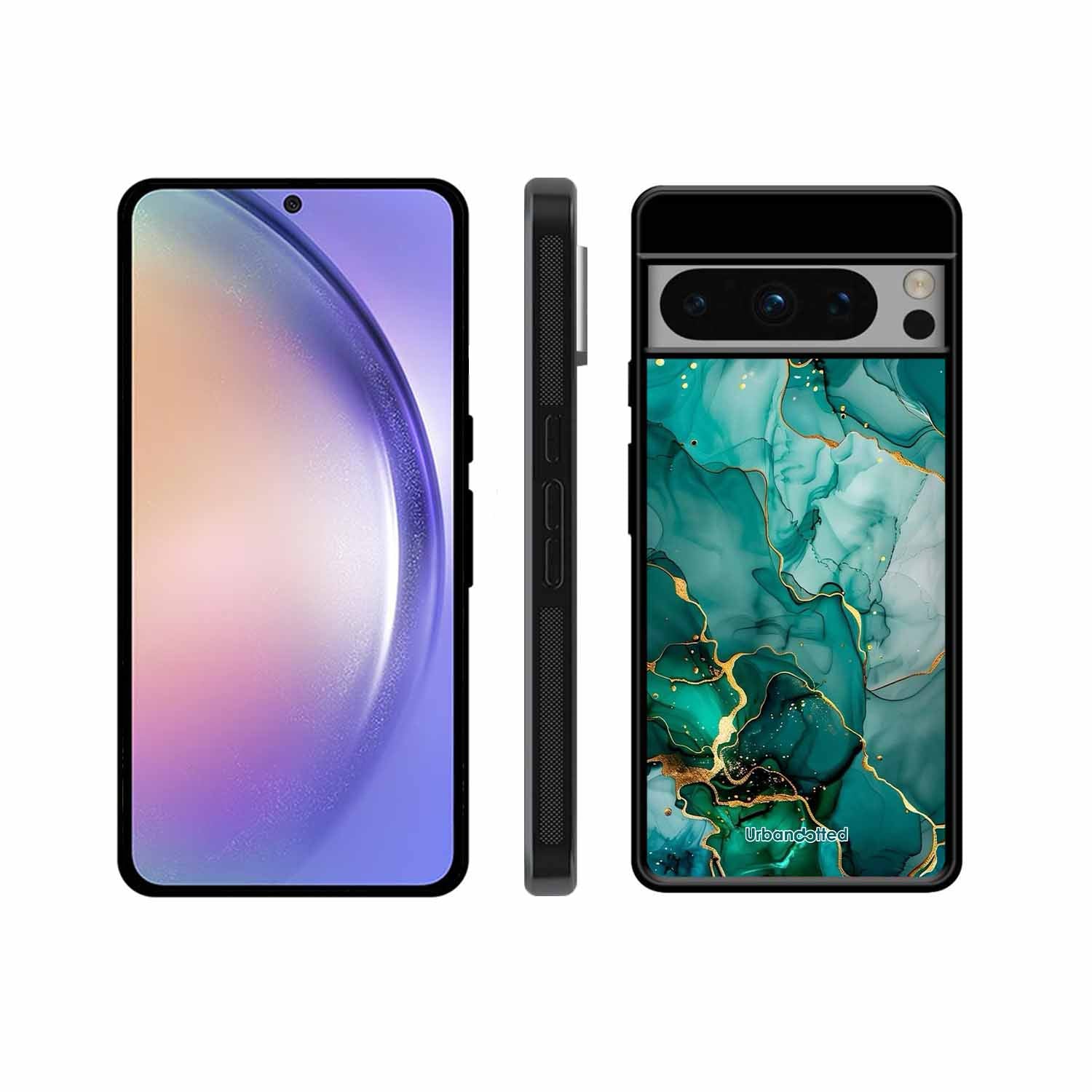 Emerald Green Gold Marble Glass Case For Google Pixel 8 Pro