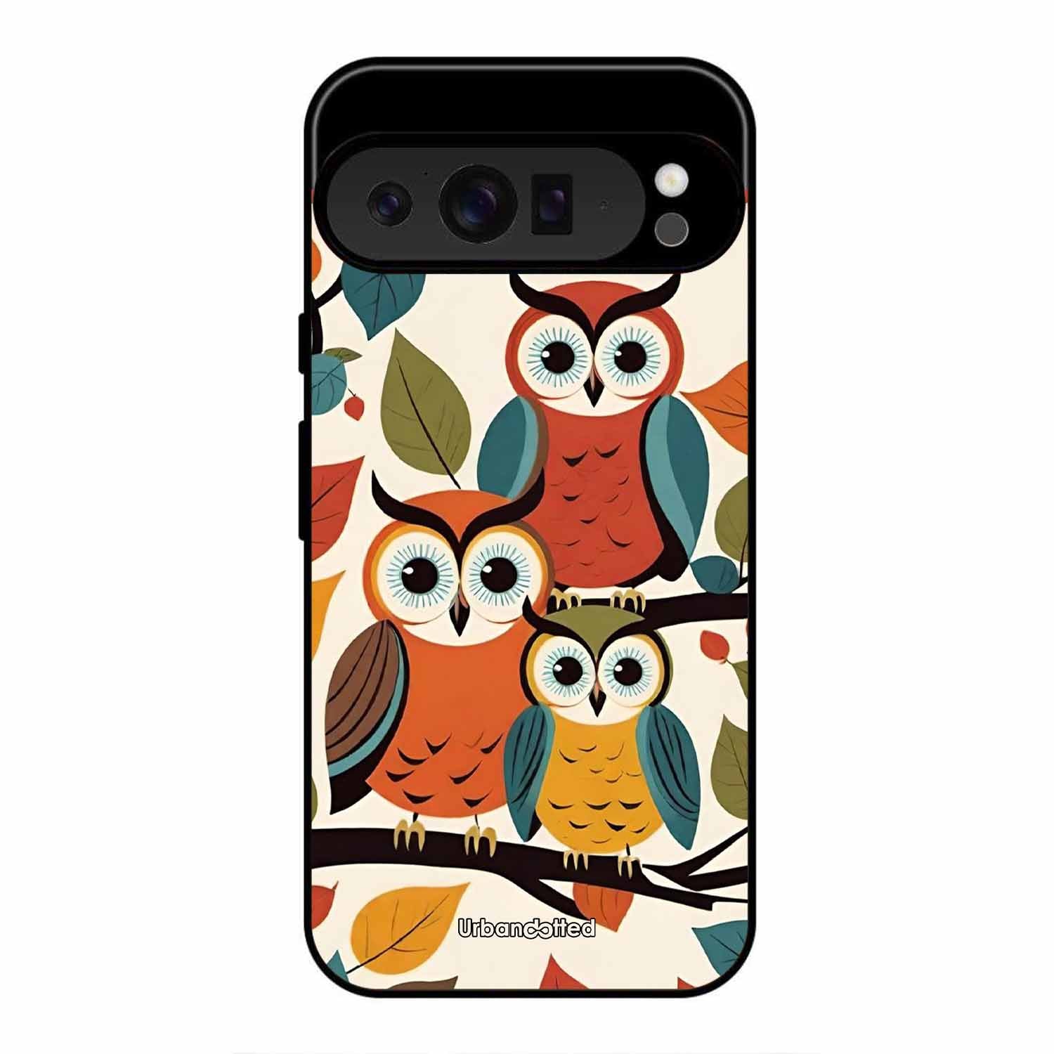 Retro Owl Family Glass Case For Google Pixel 9 Pro XL