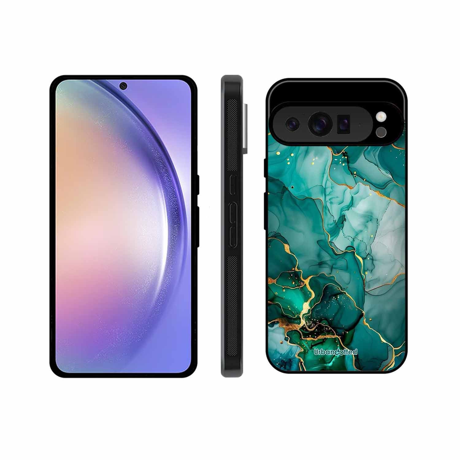 Emerald Green Gold Marble Glass Case For Google Pixel 9 Pro
