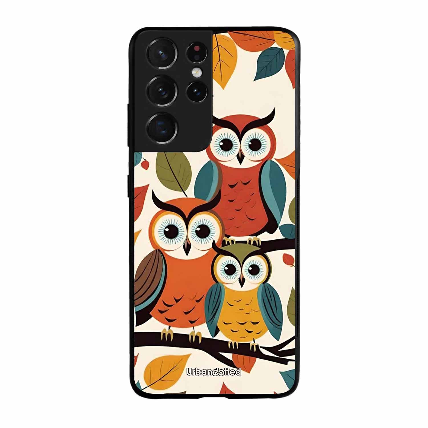 Retro Owl Family Glass Case For Samsung S21 Ultra 5G