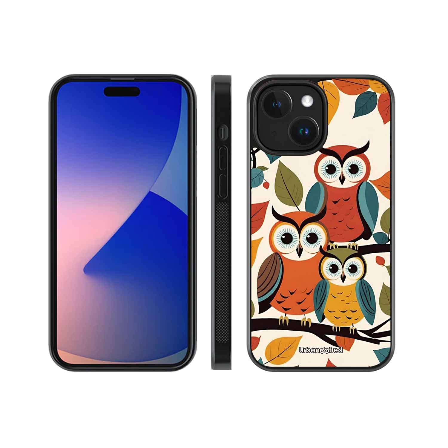 Retro Owl Family Glass Case For iPhone 14 Plus