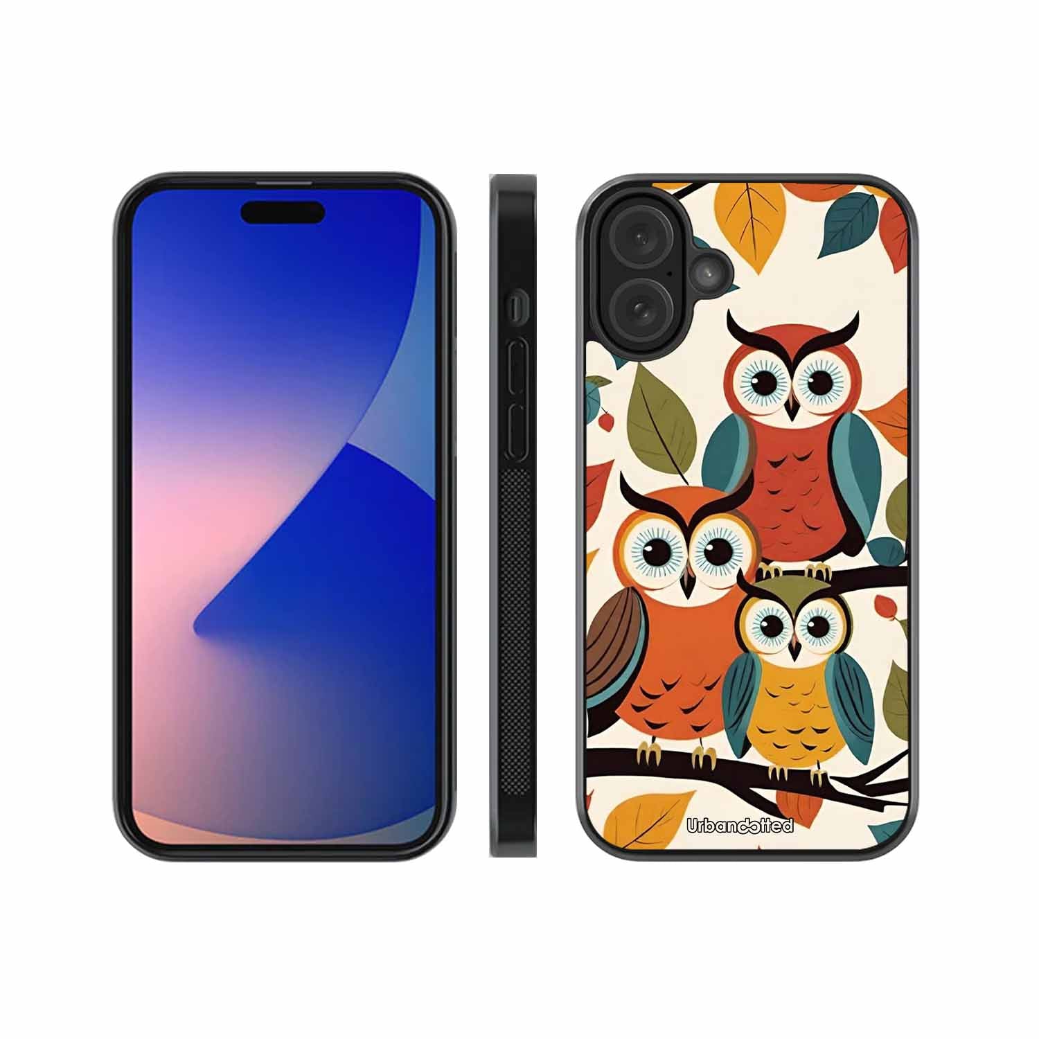 Retro Owl Family Glass Case For iPhone 16 Plus