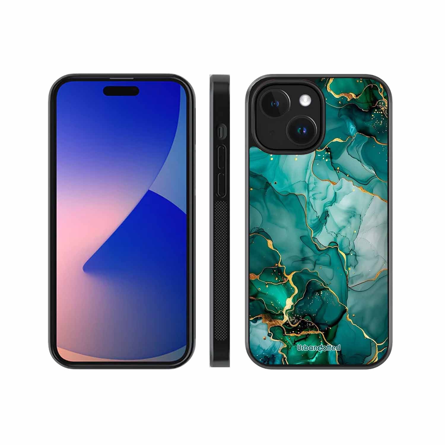 Emerald Green Gold Marble Glass Case For iPhone 15
