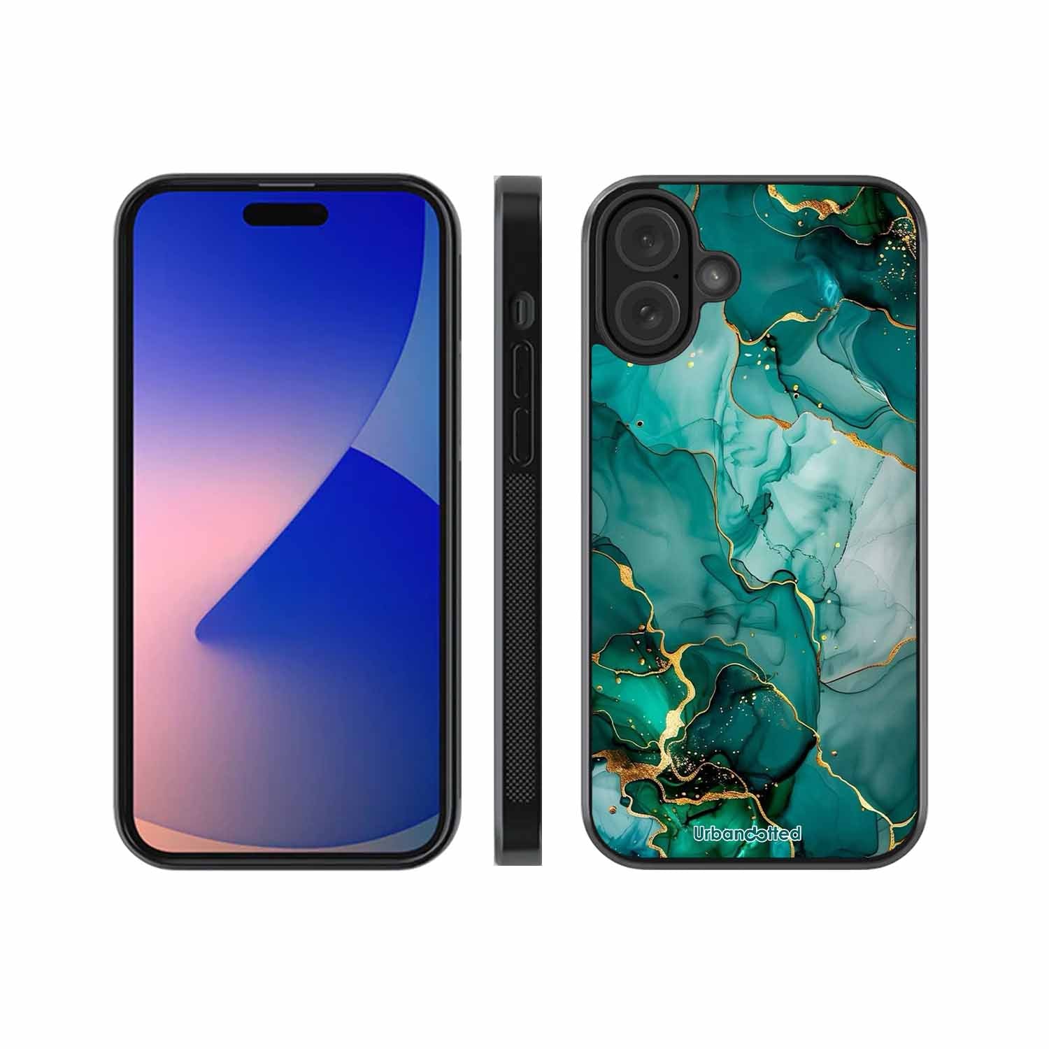 Emerald Green Gold Marble Glass Case For iPhone 16 Plus