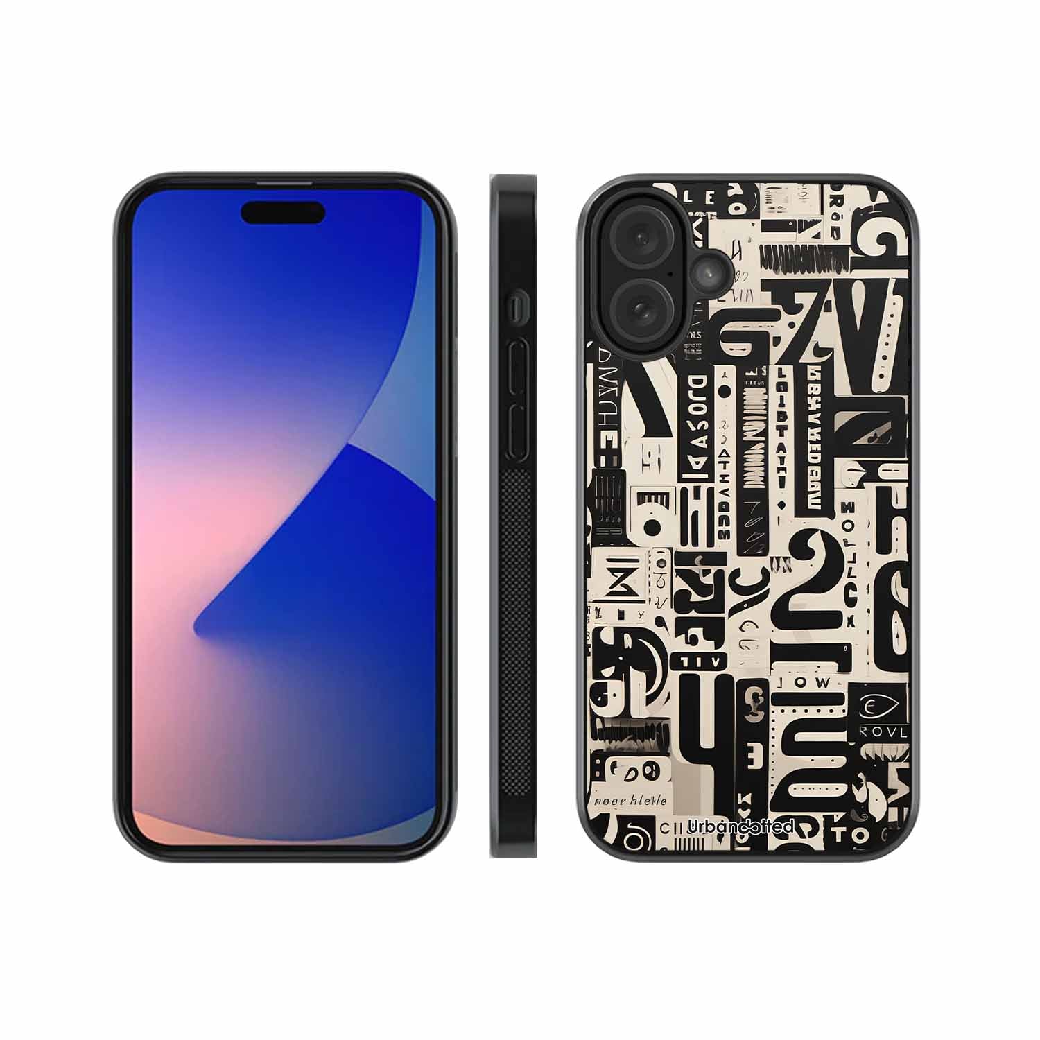 Abstract Typography Collage Glass Case For iPhone 16 Plus
