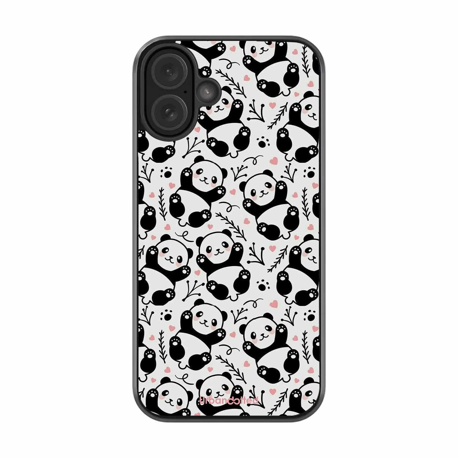 Cute Doodle Panda Glass Case For iPhone 16 Plus
